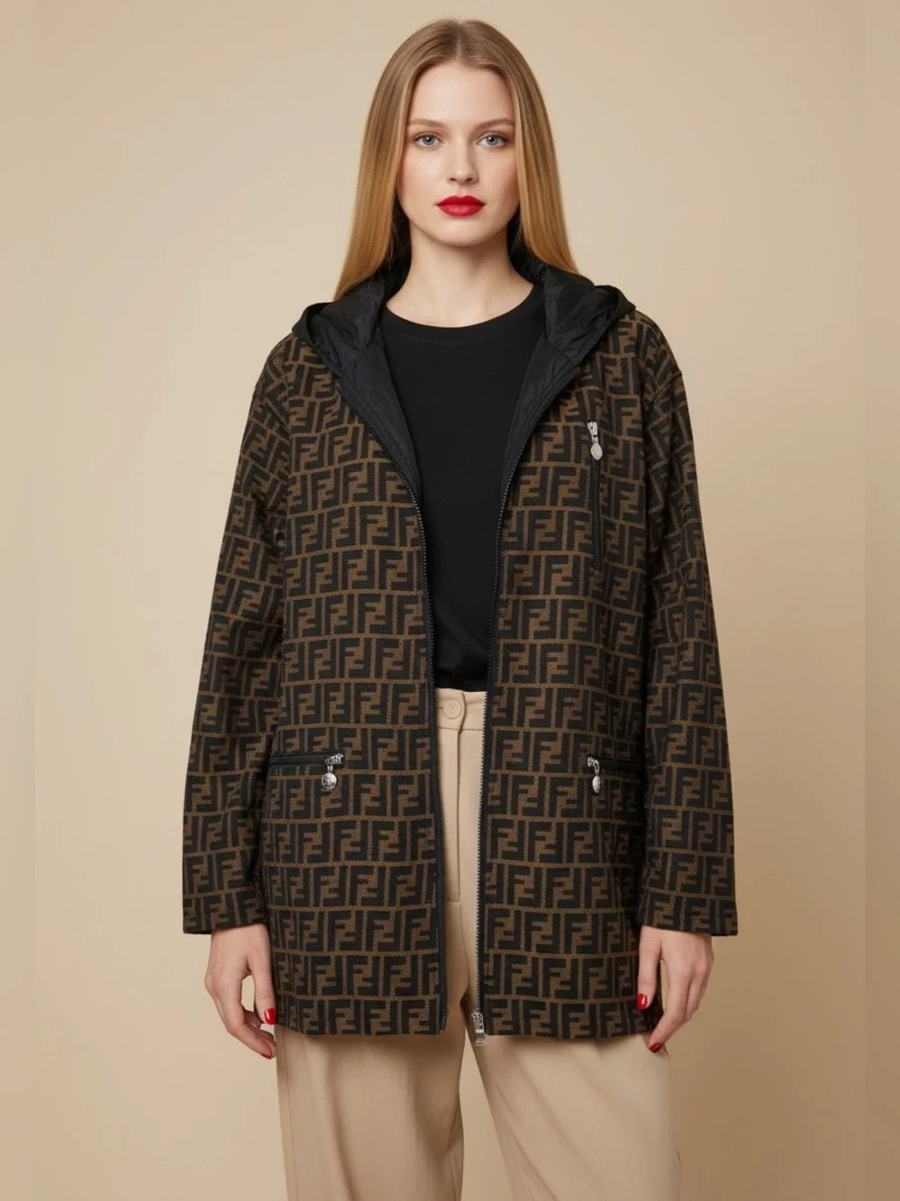Fendi Reversible Brown and Black Monogram Hooded Coat